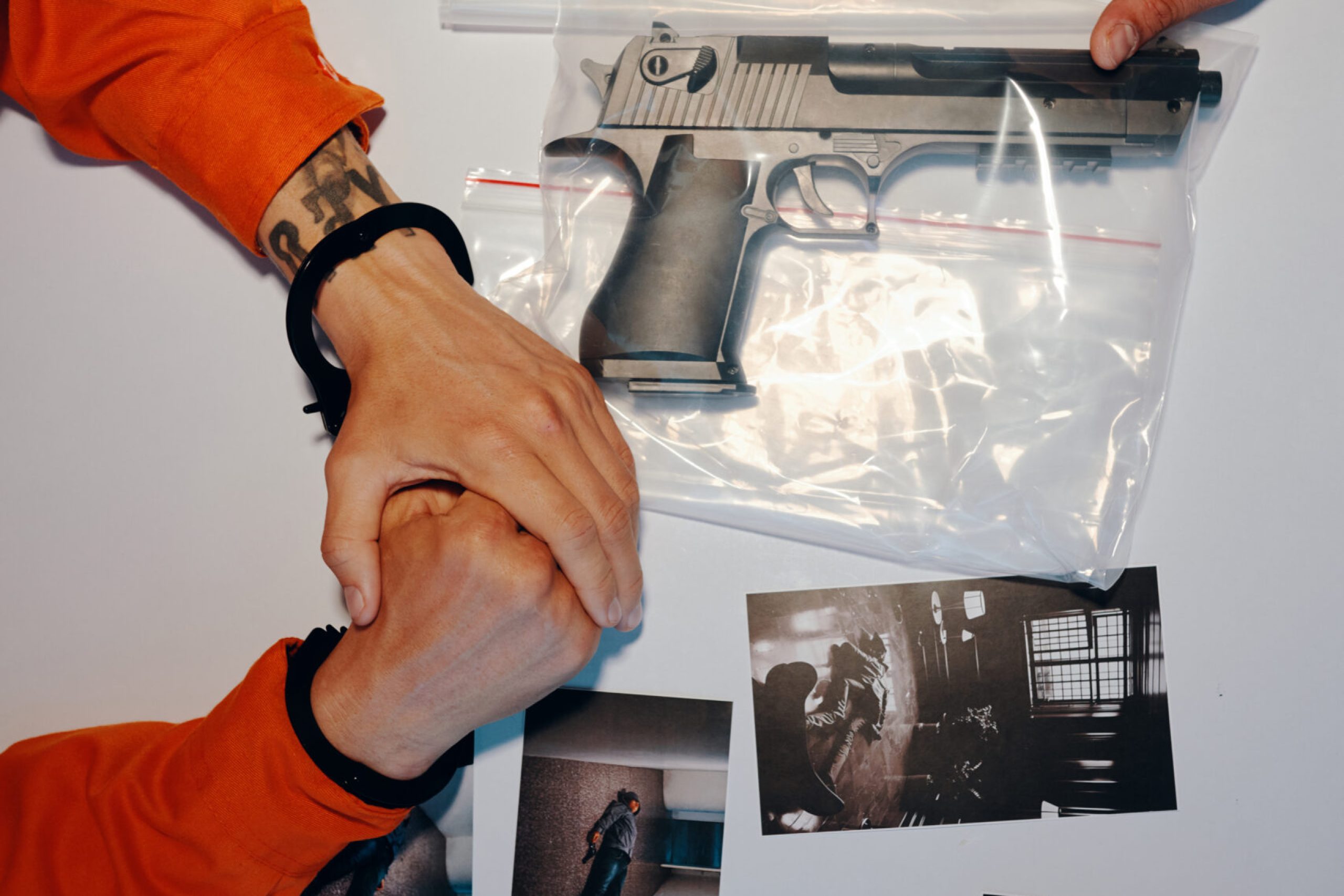 Detective Showing Photos of Crime Scene Hands of detective showing criminal photos of crime scene and murder weapon